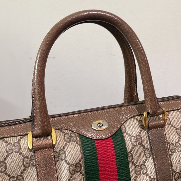 GUCCI Vintage Sherry Line GG Web PVC Canvas Leather Brown Boston Bag Handbag - Picture 6 of 17